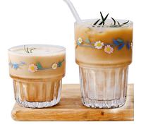 yaocoral Set of 2 Floral Glass Coffee Cup Cute Drinking Glasses Stackable Daisy Glass Cups for Juice,Iced Coffee,Milk,Tea,Dessert,Flower Teacups Glassware Drinkware Set(blue1)
