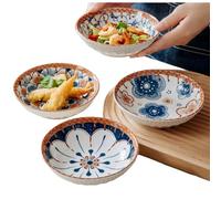 yaocoral Set of 4 10 OZ Ceramic Dessert Bowls Japanese 6 inch Serving Dishes Cute Shallow Bowls for Appetizer,Side Dishes,Sushi,Salad,Snack,Icecream,Fruit,Microwave Dishwasher Safe (brown cyan)