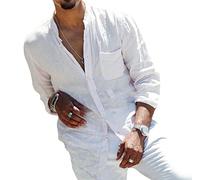 YAODAMAI Men's Casual Linen Long Sleeve Shirts Fashion Resort Solid Color Lapel Button Shirts