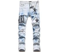 YAODAMAI Men's Jeans Ripped Embroidery Pentagram Stretch Slim Leg Pants Versatile Men's Pants