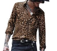 YAODAMAI Men's Leopard Print Long Sleeve Shirt Casual Lapel Vacation Casual Long Sleeve Shirt Brown
