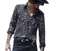 YAODAMAI Men's Leopard Print Long Sleeve Shirt Casual Lapel Vacation Casual Long Sleeve Shirt White