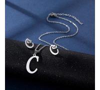 YAOGUI Stainless Steel Pendant Necklace Ear Studs Set Fashion Letter Necklace Adjustable Chain Present For Man Woman Silver Letter And Earrings Set