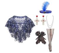 YAOGUI Women's 20s Inspired Costume Outfit Set With Beaded Pearls Necklace Shawl Tights Gloves For Fancy Dress Great Theme