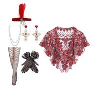 YAOGUI Women's 20s Inspired Costume Outfit Set With Beaded Pearls Necklace Shawl Tights Gloves For Fancy Dress Great Theme