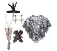 YAOGUI Women's 20s Inspired Costume Outfit Set With Beaded Pearls Necklace Shawl Tights Gloves For Fancy Dress Great Theme