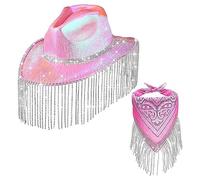 YAOGUI Womens Fringed Bandana Cowgirl Rhinestones Tassels Bandana & Weatern Cowboy Hat For Disco Party Music Festival Mens And Womens Cowboy Cowgirl Straw Hat
