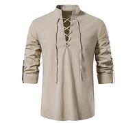YAOHUOLE Casual Shirt Mens Linen Cotton Lace Up Henley Shirt Bohemian Medieval Loose Shirt Khaki XL