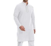 YAOHUOLE Cotton Linen Kurta for Men Long Sleeve Thobe Muslim Dress Pockets White Size M