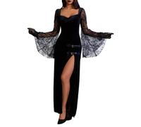 YAOHUOLE Gothic Dresses for Women Halloween Velvet Dress | Stretch Velvet Fabric, Rose Lace Bell Sleeves, Adjustable Side Slit, Double Leather Buckle Trim, Sweetheart Neckline