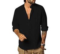 YAOHUOLE Mens Cotton Linen Shirt Beach Roll Up Hippie Shirt Casual Long Sleeve Solid with Pocket Black XL