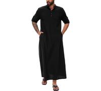 YAOHUOLE Mens Kaftan Robe Abaya Caftan Long Sleeve Moroccan Thobe Causal Butto Down Long Gown Henly Neck Black L