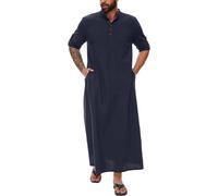 YAOHUOLE Mens Kaftan Robe Abaya Caftan Long Sleeve Moroccan Thobe Causal Butto Down Long Gown Henly Neck Dark Blue L