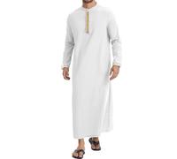 YAOHUOLE Mens Kaftan Thobe Cotton Linen Long Sleeve Stand Collar Robe with Two Side Pockets Modest Muslim Outfit White M