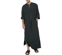 YAOHUOLE Men's Kaftan Thobe Long Sleeve Muslim Robe Button Up Side Split Kaftan Thobe with Pockets, Dark Gray, M