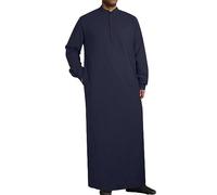 YAOHUOLE Mens Long Sleeve Moroccan Thobe Men Casual Muslim Thobe Islamic Kaftan Robe Abaya with Pocket Dark Blue L