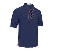 YAOHUOLE Men's Pirate Shirt Viking Steampunk Retro Linen Shirts for Men Medieval Gothic Victorian Classic Halloween Coseplay Costume Navy Blue 3XL