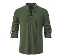 YAOHUOLE Men's Pirate Shirt Viking Steampunk Retro Medieval Gothic Victorian Classic Halloween Coseplay Costume Army Green 3XL