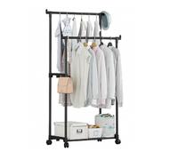 YAOHY Clothes Rack, Double Rods Rolling Clothing Rack for Hanging Clothes, Sturdy Coat Racks, Portable Metal Wardrobe Rack for Bedroom Laundry Living Room(Black,Double bar)