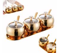 Yaoliucp 4 Pcs/1 Set Seasoning Containers Stainless Steel Sugar Bowl with Lid and Spoon Gold Condiment Jars with Tray Kitchen Spice Boxes Sugar Container for Salt Coffee Sugar, Seasoning Containers