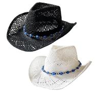 Yaoliucp Straw Cowboy Hat Wide Brim Hollow Straw Cowgirl Hat Beaded Breathable Beach Hat with Curved Edge UV Protection Casual Stylish Western Sun Hat for Outdoor, Black, Straw Cowgirl Hat