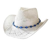 Yaoliucp Straw Cowboy Hat Wide Brim Hollow Straw Cowgirl Hat Beaded Breathable Beach Hat with Curved Edge UV Protection Casual Stylish Western Sun Hat for Outdoor, White, Straw Cowboy Hat