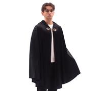 Yaolzeku Men's Velvet Cloak with Hood, Renaissance Medieval Hooded Cloak for Women, Halloween Hood Cape with Metal Loop Clasp, Black, 39.37"