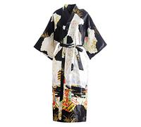YAOMEI Bride Bridesmaid Robes, Women's Dressing Gown Kimono Silky Satin Geisha Blossoms Bridal Party Bathrobe, Morning of Wedding Robes S-2XL (Bust: 126cm, Fit for S to 2XL, Black)