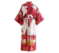 YAOMEI Bride Bridesmaid Robes, Women's Dressing Gown Kimono Silky Satin Geisha Blossoms Bridal Party Bathrobe, Morning of Wedding Robes S-2XL (Bust: 126cm, Fit for S to 2XL, Darkred)