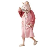 YAOMEI Unsex Mens Womens Dressing Gown Full Length Winter Plush Fleece Hooded Bathrobe Robe Sleepwear Nightwear Pyjamas for Spa, Buttons Closure (UK, Alpha, One Size, Regular, Regular, PinkMonster)
