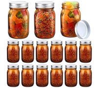 Yaomiao 12 Pack Amber Mason Jars with Lids 16 oz Regular Mouth Pint Vintage Canning Jars Bulk Airtight Multifunction Glass Jars for Storage Pickling Fermenting Preserving DIY Crafts Christmas Decor