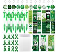 Yaomiao 180 Pcs/ 30 Sets Mental Health Awareness Gift Accessory Include 30 Green Ribbon Awareness Pen 60 Mental Health Bookmark 30 Green Ribbon Pin 30 Keychain and Cellophane Bags for Campaign Support