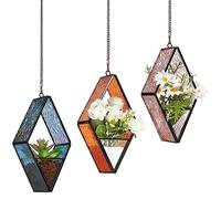 Yaomiao 3 Pcs Stained Glass Hanging Plant Terrariums Hanging Glass Planter Small Geometric Terrarium Air Plant Terrarium with Chain for Succulent Moss Holders Garden Wall Windowsill (Vivid Color)