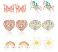 Yaomiao 6 Pairs Kids Clip on Earrings for Girls Gifts Bling Unicorn Flower Heart Earrings No Pierced Princess Play Girls Dress up Jewelry Set for Kids(Lovely Style)