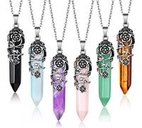 Yaomiao 6 Pieces Hexagonal Healing Crystal Necklace Natural Prism Stone Pendant Flower Wrapped Antique Quartz Yoga Energy with 20 Inch Chain (Antique Silver Flower and Chain), Zinc, No Gemstone