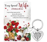 Yaomiao Christmas Card for Wife Heart Pendant Keyring with Love Envelop Nice Words Anniversary Card Girlfriend Wife Keychain Romantic Wedding Gifts for Lover Valentines Day Xmas Presents from Husband