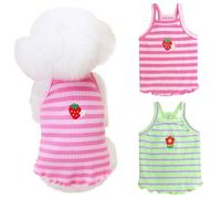 Yaopelky 2 Pieces Small Medium Dogs Summer Clothes Dog Striped Shirt Cute Flower Strawberry Embroidery Vest Pet Outfit for Chihuahua Yorkie Teddy (Pink-Green, S)