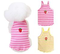 Yaopelky 2 Pieces Small Medium Dogs Summer Clothes Dog Striped Shirt Cute Flower Strawberry Embroidery Vest Pet Outfit for Chihuahua Yorkie Teddy (Pink-Yellow, S)