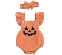 Yaopelky Baby Halloween Costume Romper Newborn Cute Pumpkin Skeleton Clothes Ruffle Sleeve Corduroy Overalls with Headband (Orange, 0-3 Months)