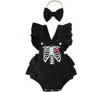 Yaopelky Baby Halloween Costume Romper Newborn Cute Pumpkin Skeleton Clothes Ruffle Sleeve Corduroy Overalls with Headband (Black, 6-12 Months)