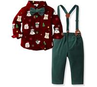 Yaopelky Boy Christmas Outfit Xmas Prints Shirt with Bowtie Suspender Pant Set Boys Dress Clothes Gentleman Outfits for Xmas New Year (Red Shirt+Green Pant(Animal Print), 2-3 Years)