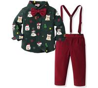 Yaopelky Boy Christmas Outfit Xmas Prints Shirt with Bowtie Suspender Pant Set Boys Dress Clothes Gentleman Outfits for Xmas New Year (Green Shirt+Red Pant(Animal Print), 4-5 Years)