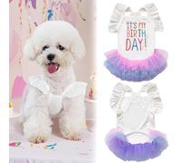 Yaopelky Dog Birthday Dress It's My Birthday Dog Dress Small Doggy Girl's Tutu Dresses Ruffle Sleeless Puppy Clothes Tulle Lace Skirt Pet Costume Cat Outfits (White, M)