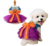 Yaopelky Dog Halloween Tutu Dress Holiday Dog Clothes for Small Medium Pets Pumpkin Pattern Cat Outfits with Denim Top Purple Tulle Skirt with Orange Bow Pet Costume (Pumpkin, XS(0.5-1.5kg))