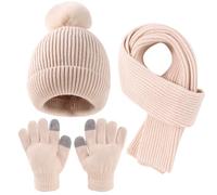 Yaopelky Kid Boy Girl Beanie Hat Scarf Touchscreen Gloves Set Warm Knit Cap with Pompom Long Scarf Neck Hand Warmer Winter 3 in 1 Set (Beige, One Size)