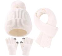 Yaopelky Kid Boy Girl Beanie Hat Scarf Touchscreen Gloves Set Warm Knit Cap with Pompom Long Scarf Neck Hand Warmer Winter 3 in 1 Set (White, One Size)