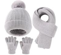 Yaopelky Kid Boy Girl Beanie Hat Scarf Touchscreen Gloves Set Warm Knit Cap with Pompom Long Scarf Neck Hand Warmer Winter 3 in 1 Set (Grey, One Size)