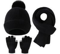 Yaopelky Kid Boy Girl Beanie Hat Scarf Touchscreen Gloves Set Warm Knit Cap with Pompom Long Scarf Neck Hand Warmer Winter 3 in 1 Set (Beige, One Size)