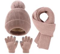 Yaopelky Kid Boy Girl Beanie Hat Scarf Touchscreen Gloves Set Warm Knit Cap with Pompom Long Scarf Neck Hand Warmer Winter 3 in 1 Set (Coffee, One Size)