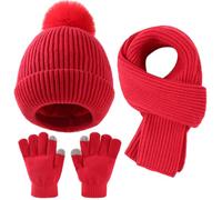 Yaopelky Kid Boy Girl Beanie Hat Scarf Touchscreen Gloves Set Warm Knit Cap with Pompom Long Scarf Neck Hand Warmer Winter 3 in 1 Set (Red, One Size)